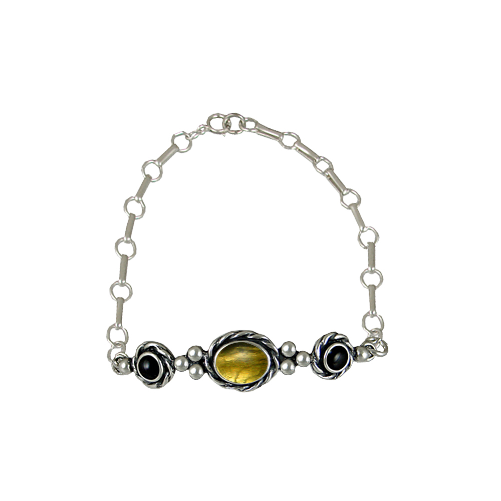 Sterling Silver Gemstone Adjustable Chain Bracelet With Citrine And Black Onyx Sterling Silver Gemstone Adjustable Chain Bracelet With Citrine And Black Onyx